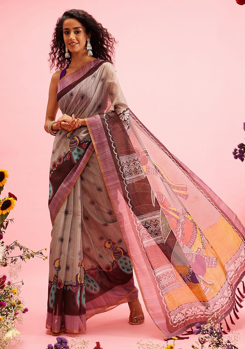 Grey Madhubani Print Cotton Blend Saree Set