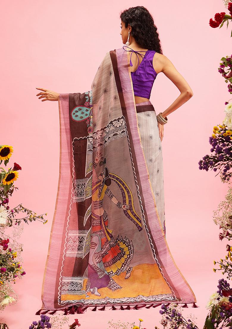 Grey Madhubani Print Cotton Blend Saree Set