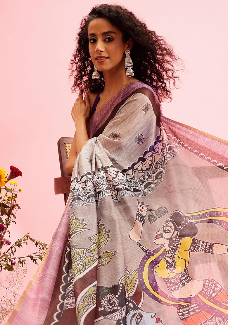 Grey Madhubani Print Cotton Blend Saree Set