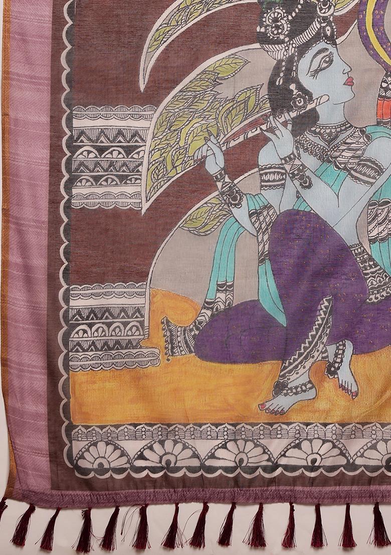 Grey Madhubani Print Cotton Blend Saree Set