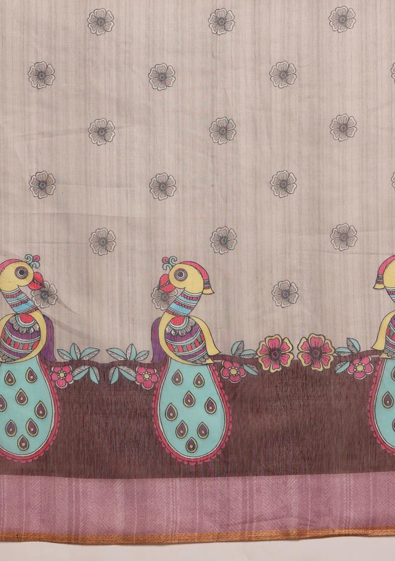 Grey Madhubani Print Cotton Blend Saree Set