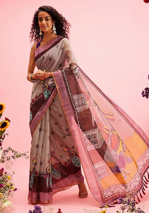 Grey Madhubani Print Cotton Blend Saree Set