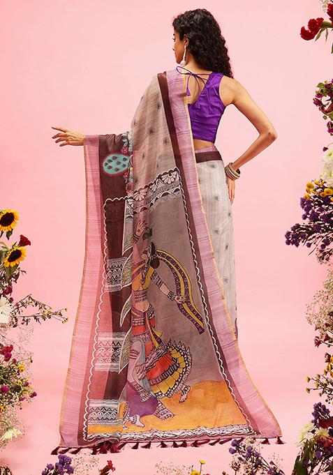 Grey Madhubani Print Cotton Blend Saree Set