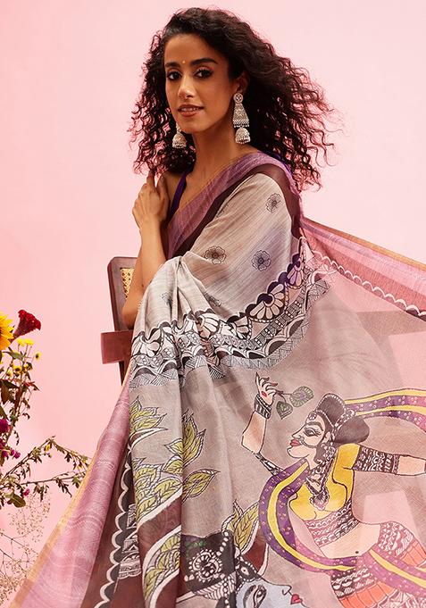 Grey Madhubani Print Cotton Blend Saree Set