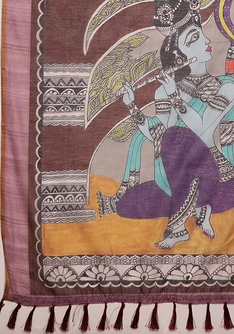 Grey Madhubani Print Cotton Blend Saree Set