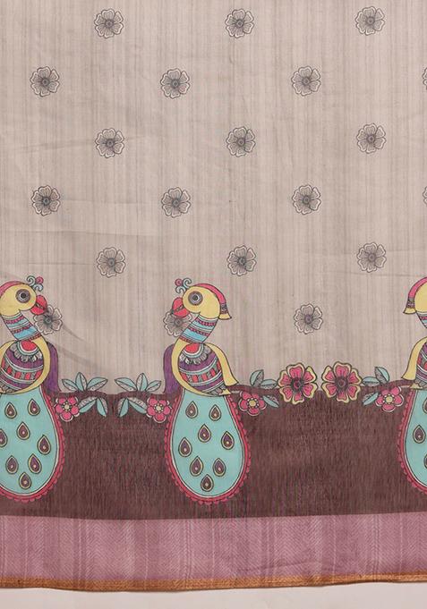 Grey Madhubani Print Cotton Blend Saree Set