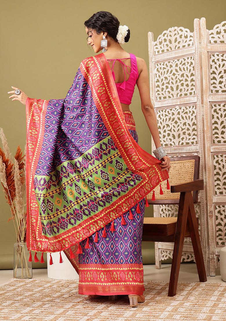 Royal Blue Ikat Print Soft Silk Saree Set