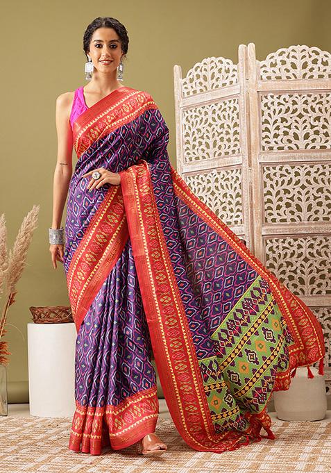 Royal Blue Ikat Print Soft Silk Saree Set