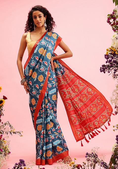 Turquoise Ikat Print Soft Silk Saree Set