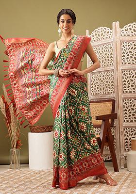 Green Ikat Print Soft Silk Saree Set