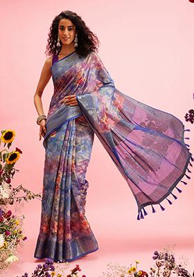 Blue Floral Print Cotton Saree Set