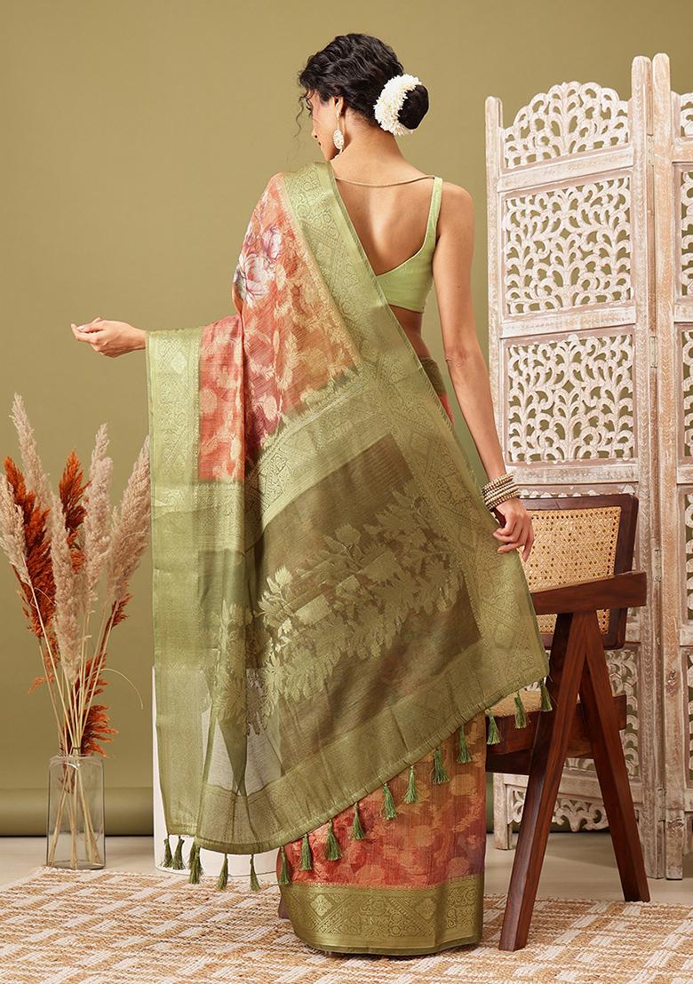 Maroon Floral Print Cotton Saree Set