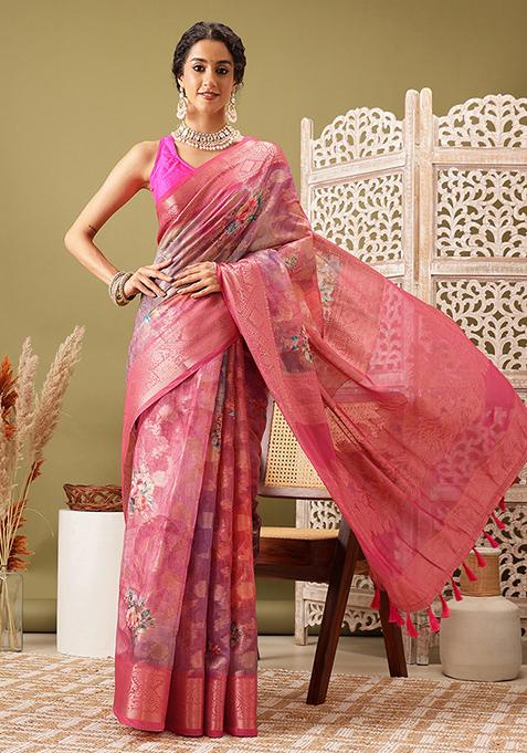 Pink Floral Print Cotton Saree Set