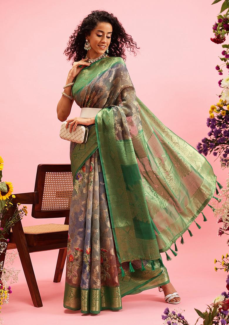 Green Floral Print Cotton Saree Set