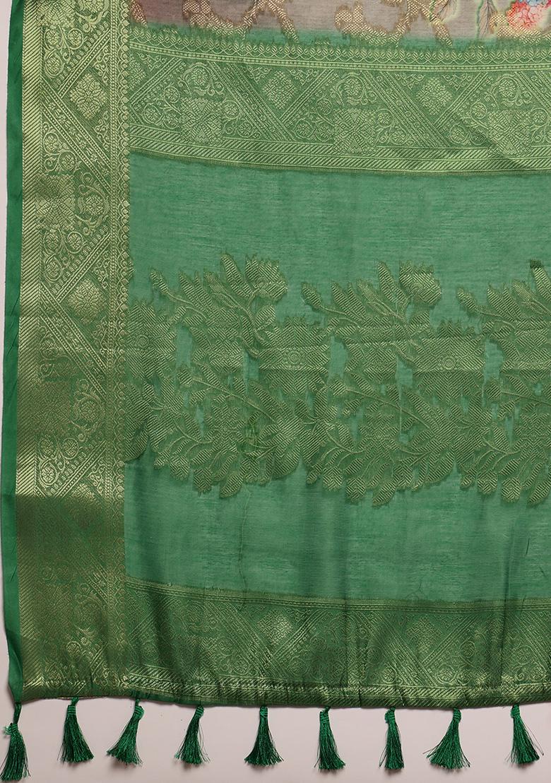 Green Floral Print Cotton Saree Set