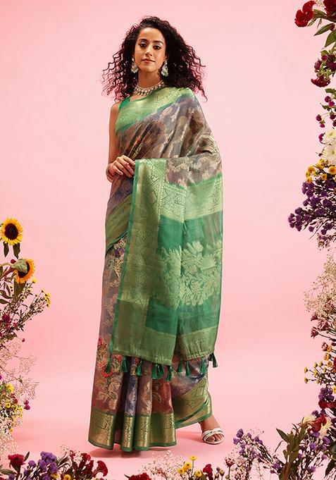 Green Floral Print Cotton Saree Set