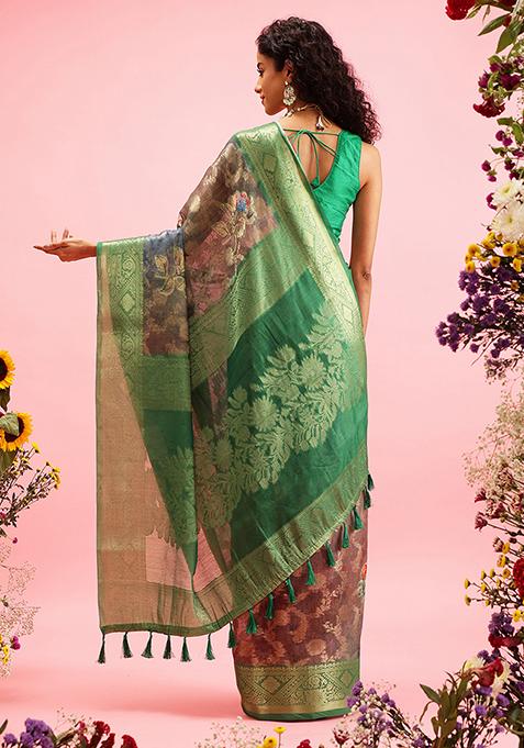 Green Floral Print Cotton Saree Set