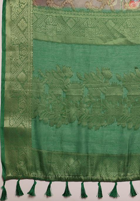 Green Floral Print Cotton Saree Set