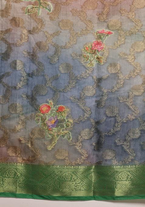 Green Floral Print Cotton Saree Set