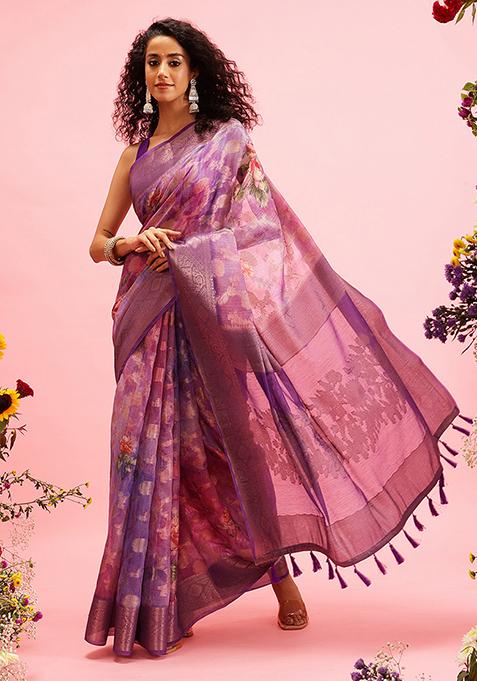 Lavender Floral Print Cotton Saree Set