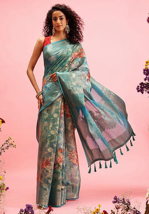 Turquoise Floral Print Cotton Saree Set