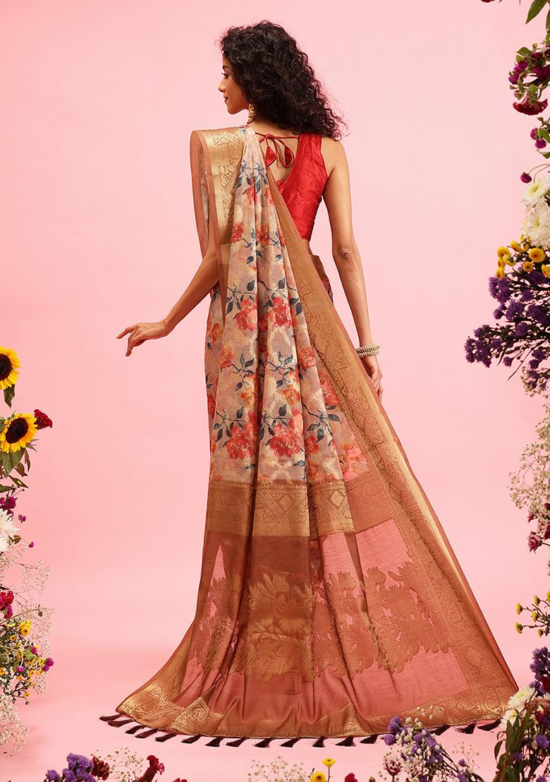 Beige Floral Print Cotton Saree Set - Indya