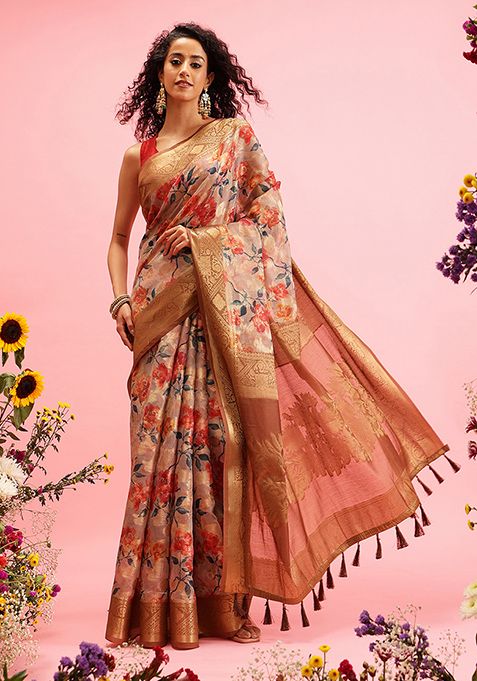 Beige Floral Print Cotton Saree Set