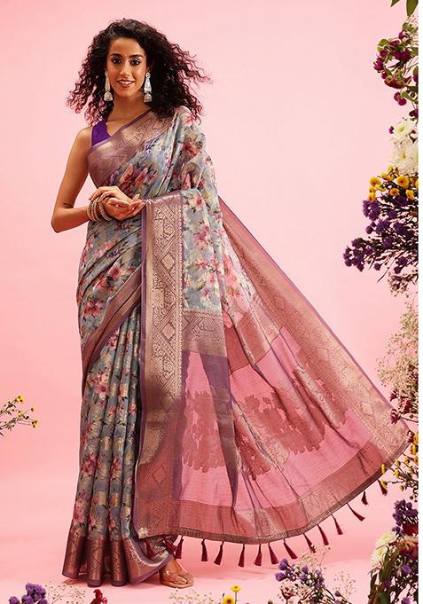 Grey Floral Print Cotton Saree Set