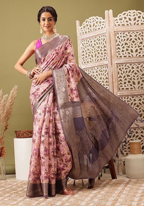 Pink Floral Digital Print Zari Embroidered Cotton Saree Set