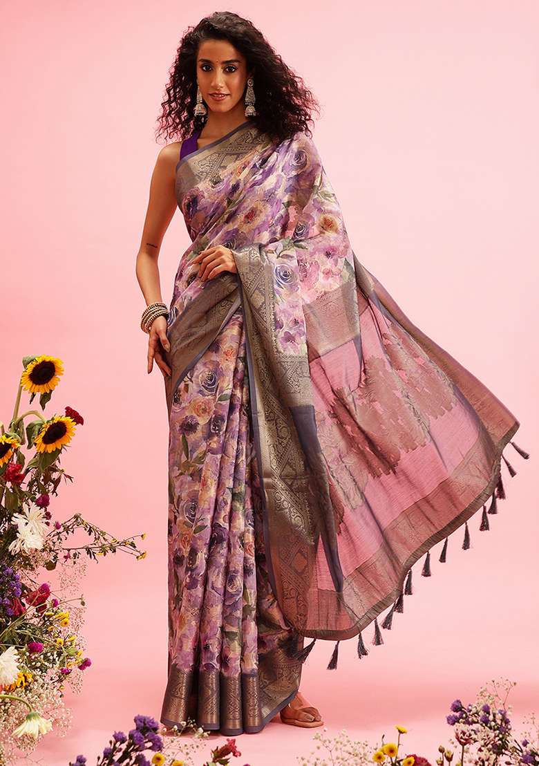 Lavender Floral Digital Print Zari Embroidered Cotton Saree Set - Indya