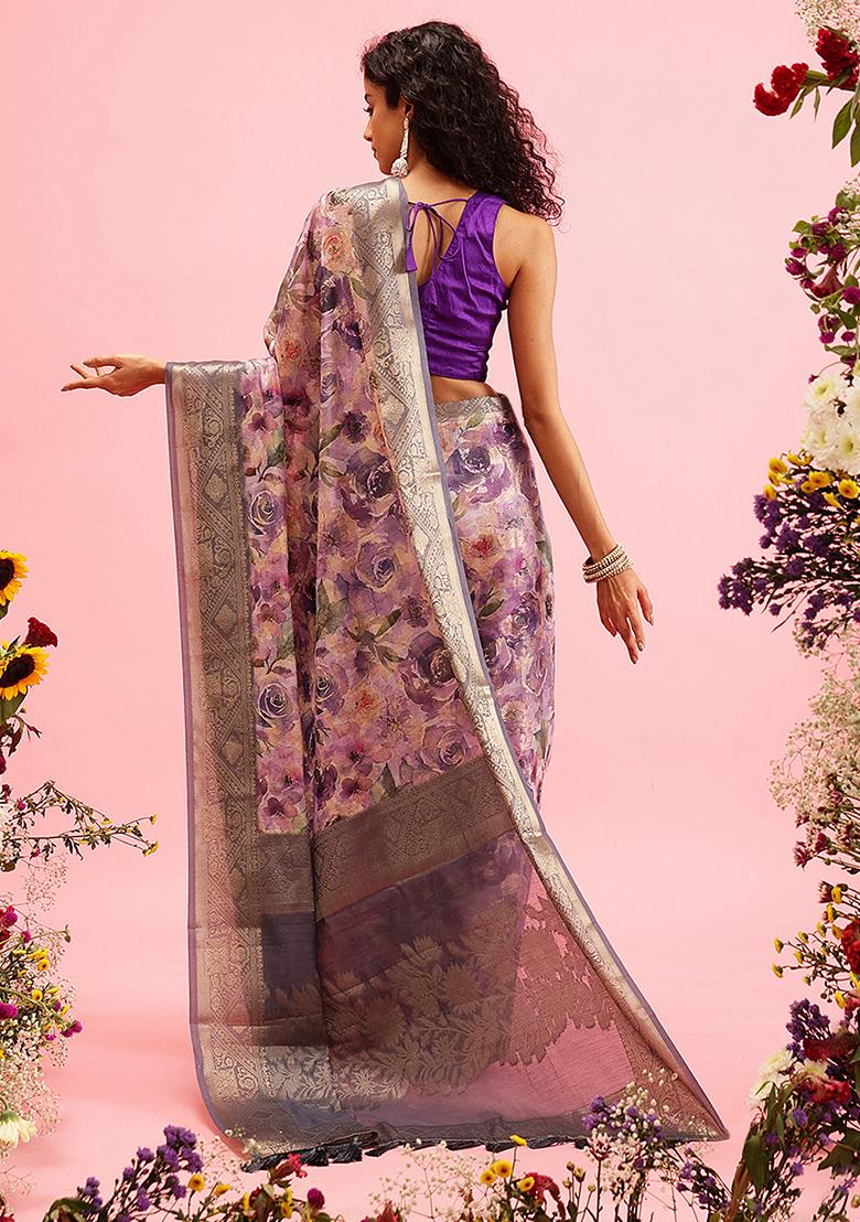 Lavender Floral Digital Print Zari Embroidered Cotton Saree Set