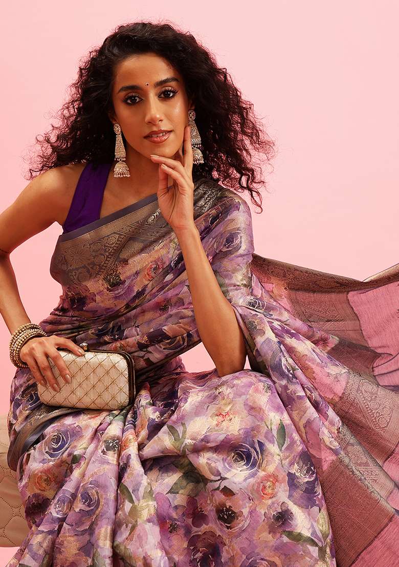Lavender Floral Digital Print Zari Embroidered Cotton Saree Set - Indya