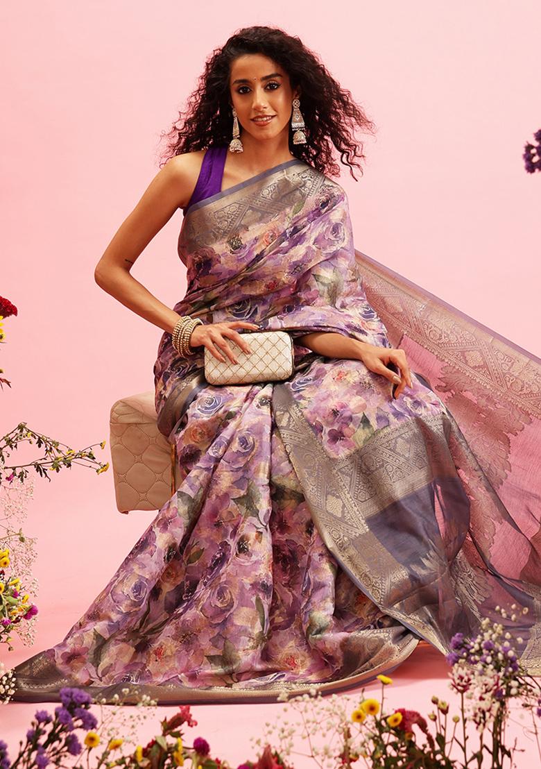 Lavender Floral Digital Print Zari Embroidered Cotton Saree Set
