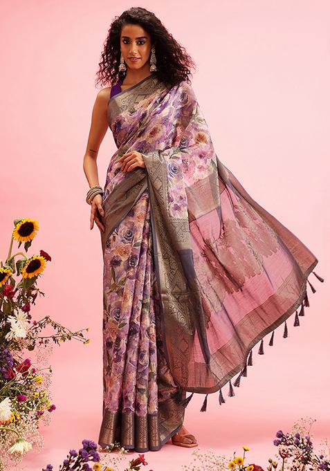 Lavender Floral Digital Print Zari Embroidered Cotton Saree Set