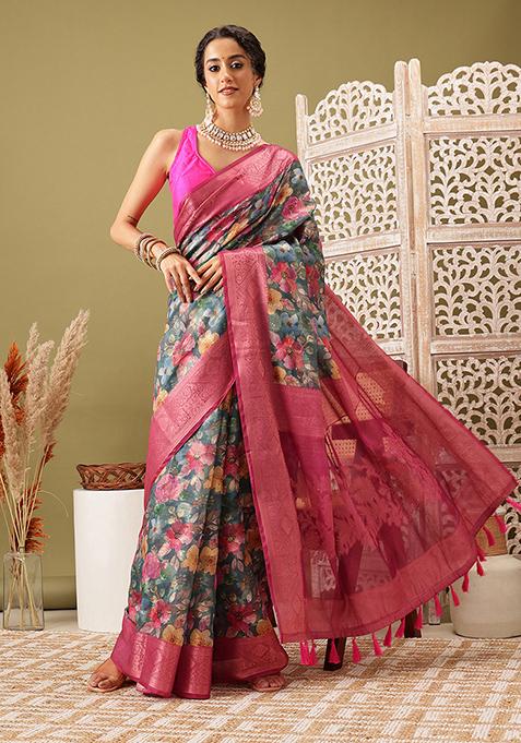 Turquoise Floral Digital Print Zari Embroidered Cotton Saree Set