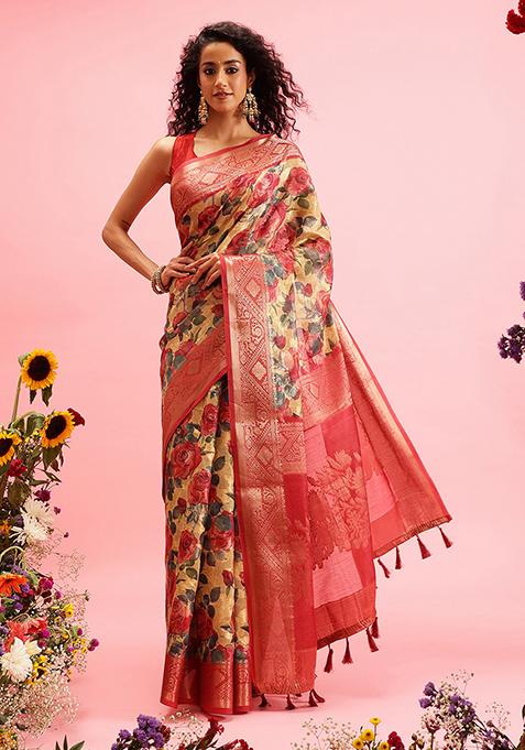 Mustard Floral Digital Print Zari Embroidered Cotton Saree Set