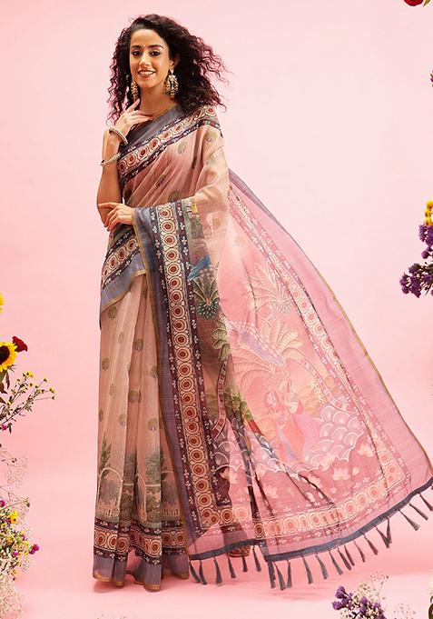 Beige Madhubani Digital Print Zari Embroidered Cotton Blend Saree Set