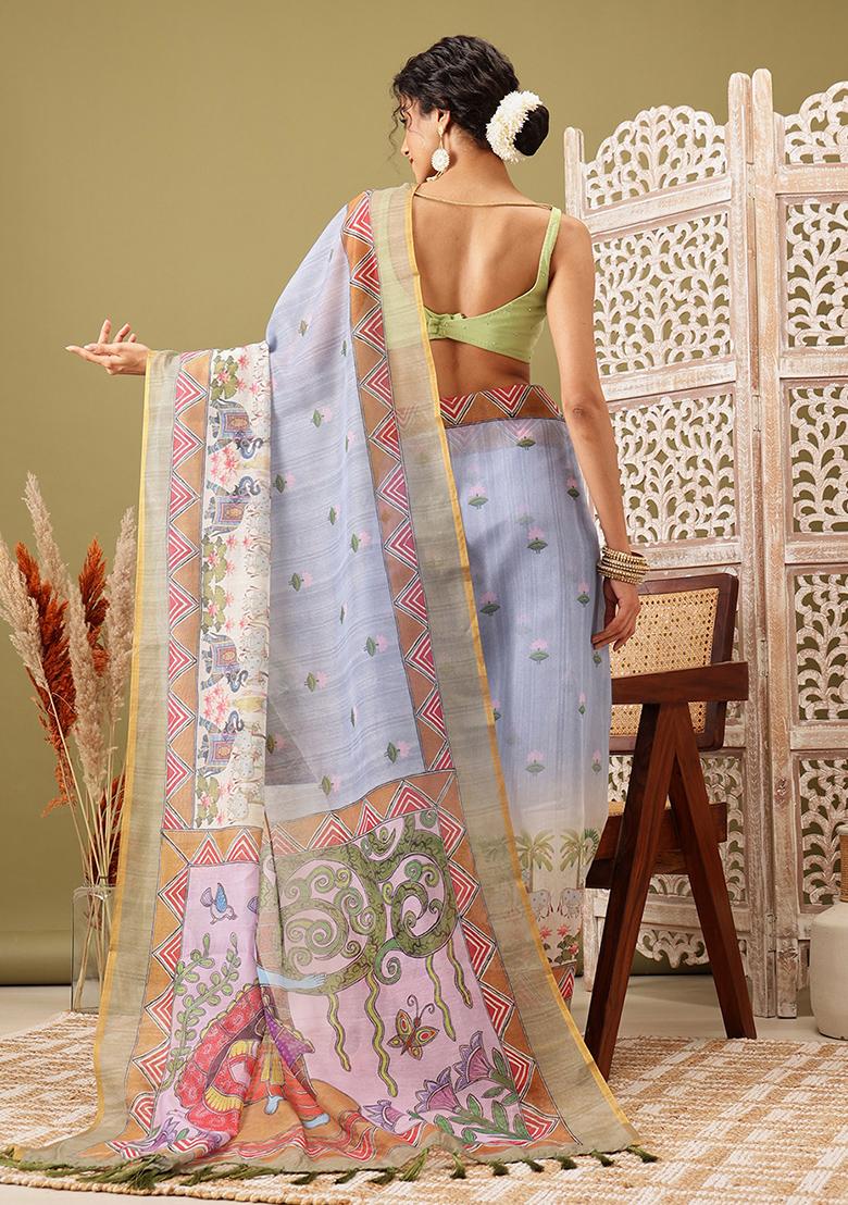 Grey Madhubani Digital Print Zari Embroidered Cotton Blend Saree Set