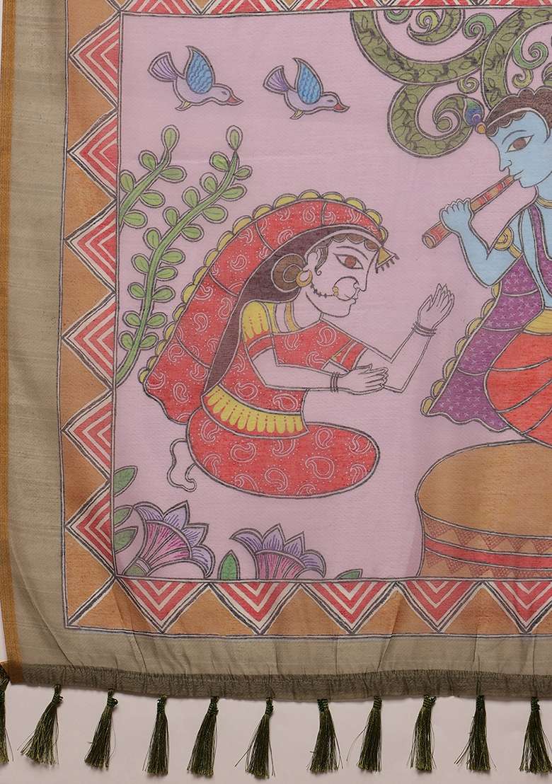 Grey Madhubani Digital Print Zari Embroidered Cotton Blend Saree Set - Indya