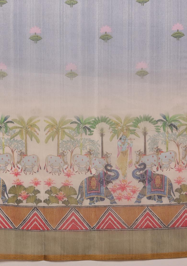 Grey Madhubani Digital Print Zari Embroidered Cotton Blend Saree Set