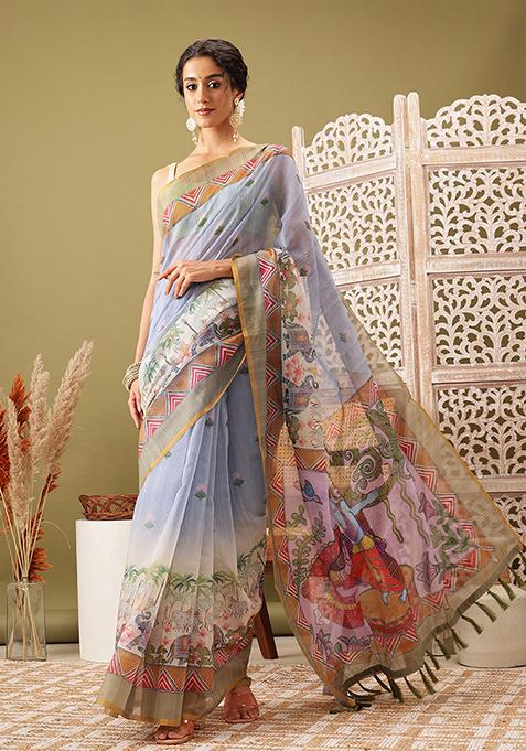 Grey Madhubani Digital Print Zari Embroidered Cotton Blend Saree Set