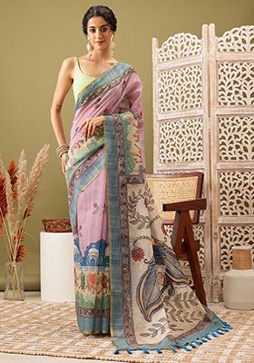 Pink Madhubani Digital Print Zari Embroidered Cotton Blend Saree Set