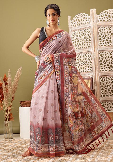 Rust Madhubani Digital Print Zari Embroidered Cotton Blend Saree Set