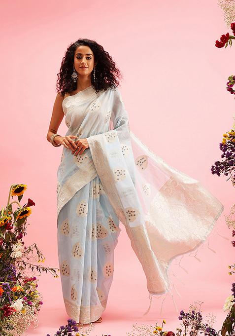 Blue Thread Embroidered Linen Saree Set