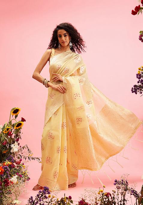 Yellow Thread Embroidered Linen Saree Set