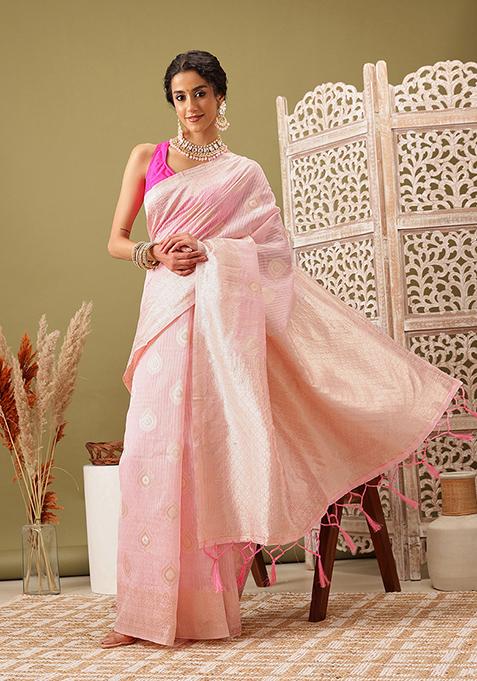 Light Pink Thread Embellished Linen Saree Set