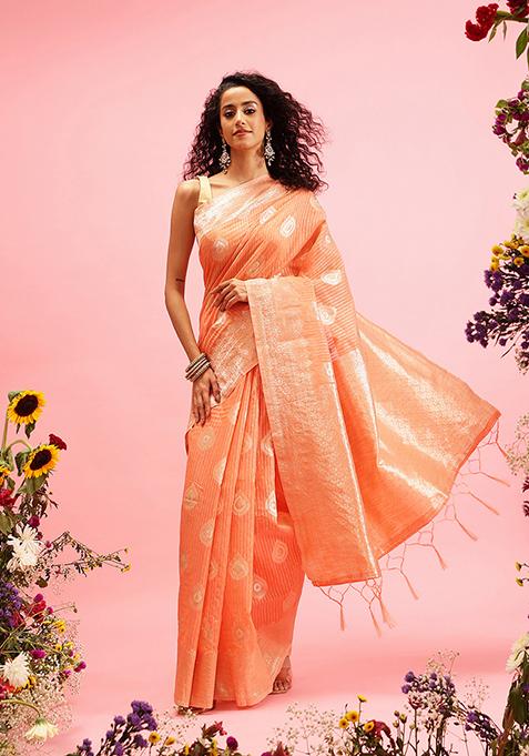 Peach Thread Embroidered Linen Saree Set