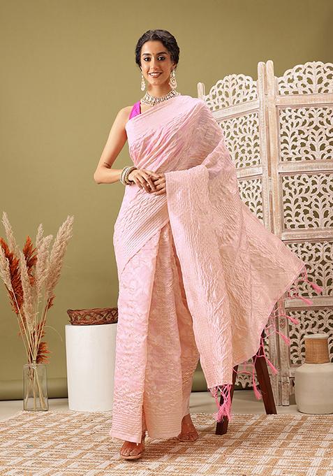 Light Pink Zari Thread Embroidered Linen Saree Set