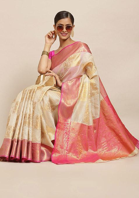 Beige Thread Embroidered Jute Silk Saree Set