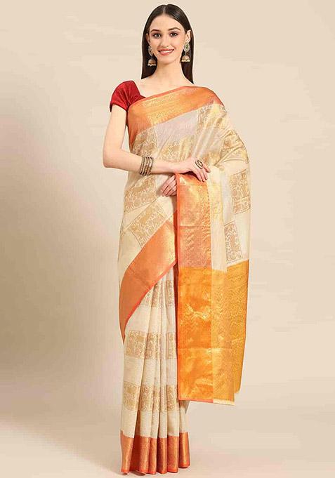 Yellow Thread Embroidered Jute Silk Saree Set